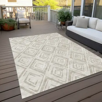 5' X 8' Beige And Ivory Geometric Washable Indoor Outdoor Area Rug