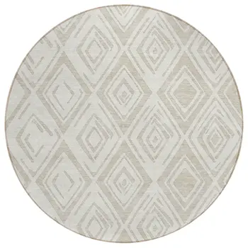 8' Beige And Ivory Round Geometric Washable Indoor Outdoor Area Rug