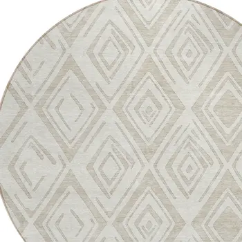 8' Beige And Ivory Round Geometric Washable Indoor Outdoor Area Rug