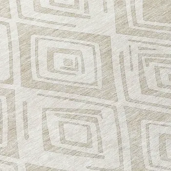 8' Beige And Ivory Round Geometric Washable Indoor Outdoor Area Rug