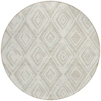 8' Beige And Ivory Round Geometric Washable Indoor Outdoor Area Rug