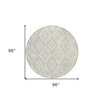 8' Beige And Ivory Round Geometric Washable Indoor Outdoor Area Rug