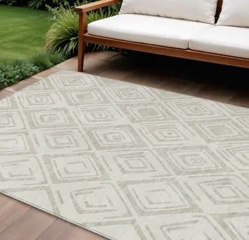 9' X 12' Beige And Ivory Geometric Washable Indoor Outdoor Area Rug