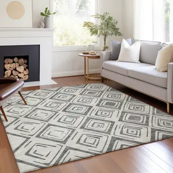3' X 5' Gray And Ivory Geometric Washable Indoor Outdoor Area Rug