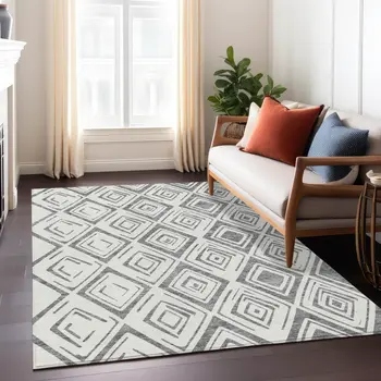 3' X 5' Gray And Ivory Geometric Washable Indoor Outdoor Area Rug