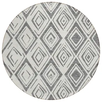 8' Gray And Ivory Round Geometric Washable Indoor Outdoor Area Rug