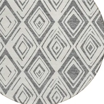 8' Gray And Ivory Round Geometric Washable Indoor Outdoor Area Rug