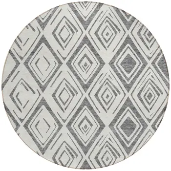 8' Gray And Ivory Round Geometric Washable Indoor Outdoor Area Rug