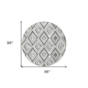8' Gray And Ivory Round Geometric Washable Indoor Outdoor Area Rug