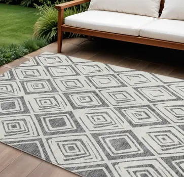 9' X 12' Gray And Ivory Geometric Washable Indoor Outdoor Area Rug
