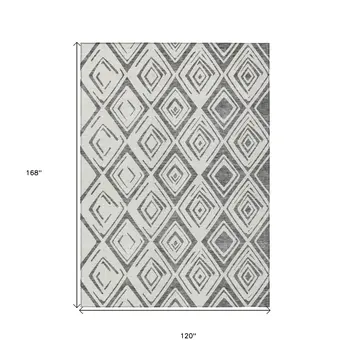10' X 14' Gray And Ivory Geometric Washable Indoor Outdoor Area Rug