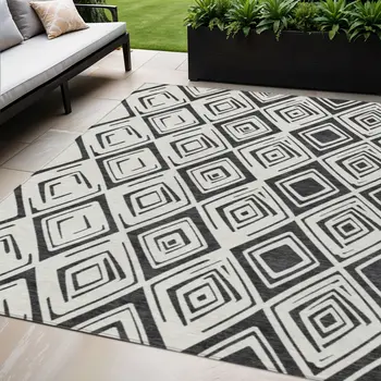 5' X 8' Ivory And Black Geometric Washable Indoor Outdoor Area Rug