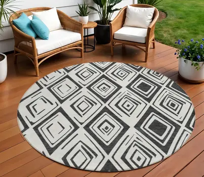 8' Ivory And Black Round Geometric Washable Indoor Outdoor Area Rug