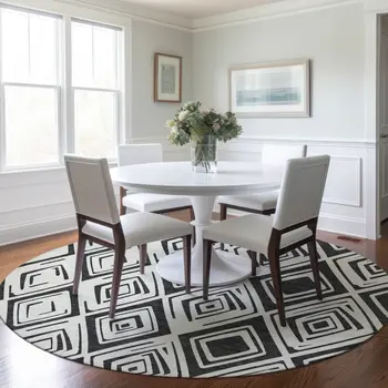 8' Ivory And Black Round Geometric Washable Indoor Outdoor Area Rug