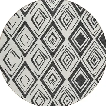8' Ivory And Black Round Geometric Washable Indoor Outdoor Area Rug