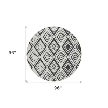 8' Ivory And Black Round Geometric Washable Indoor Outdoor Area Rug