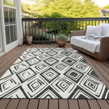 9' X 12' Ivory And Black Geometric Washable Indoor Outdoor Area Rug