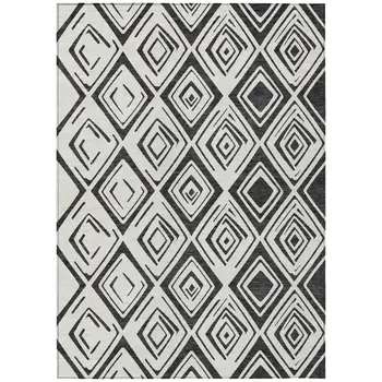9' X 12' Ivory And Black Geometric Washable Indoor Outdoor Area Rug