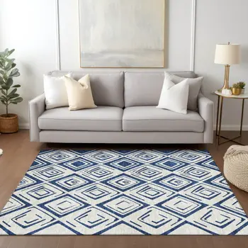 3' X 5' Navy Blue And Ivory Geometric Washable Indoor Outdoor Area Rug