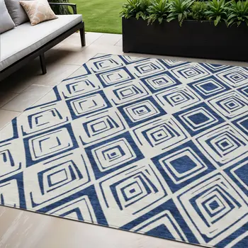 5' X 8' Navy Blue And Ivory Geometric Washable Indoor Outdoor Area Rug