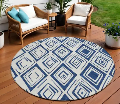 8' Navy Blue And Ivory Round Geometric Washable Indoor Outdoor Area Rug