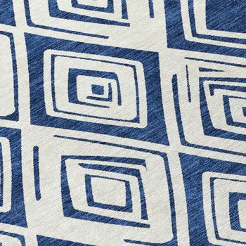 8' Navy Blue And Ivory Round Geometric Washable Indoor Outdoor Area Rug