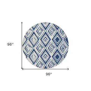 8' Navy Blue And Ivory Round Geometric Washable Indoor Outdoor Area Rug