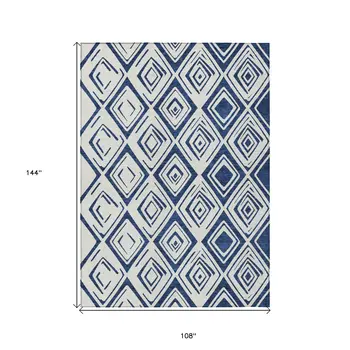 9' X 12' Navy Blue And Ivory Geometric Washable Indoor Outdoor Area Rug