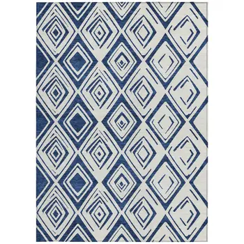 10' X 14' Navy Blue And Ivory Geometric Washable Indoor Outdoor Area Rug