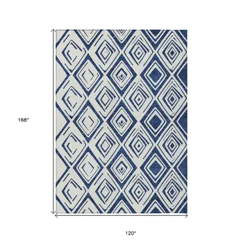 10' X 14' Navy Blue And Ivory Geometric Washable Indoor Outdoor Area Rug