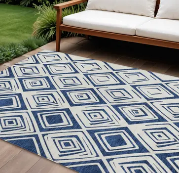 10' X 14' Navy Blue And Ivory Geometric Washable Indoor Outdoor Area Rug