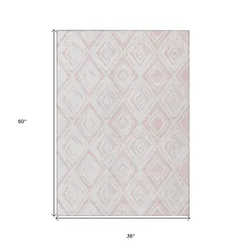3' X 5' Pink And Ivory Geometric Washable Indoor Outdoor Area Rug