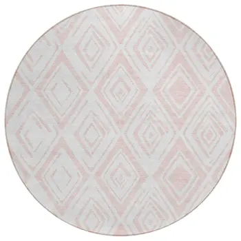 8' Pink And Ivory Round Geometric Washable Indoor Outdoor Area Rug