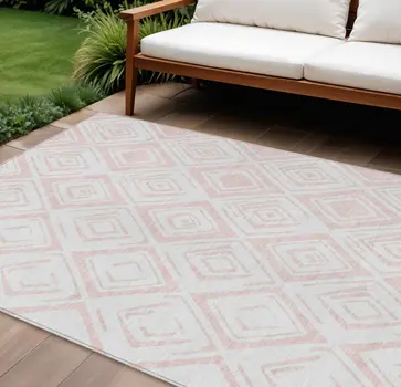 8' X 10' Pink And Ivory Geometric Washable Indoor Outdoor Area Rug