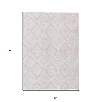 9' X 12' Pink And Ivory Geometric Washable Indoor Outdoor Area Rug