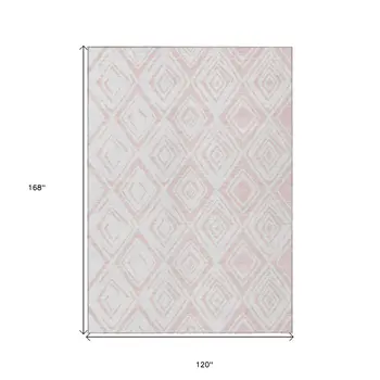 10' X 14' Pink And Ivory Geometric Washable Indoor Outdoor Area Rug