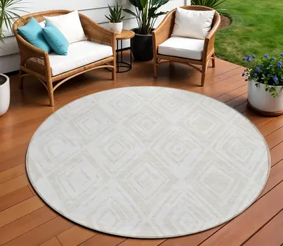 8' Pearl And Ivory Round Geometric Washable Indoor Outdoor Area Rug