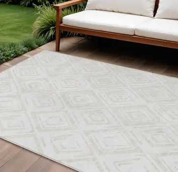 9' X 12' Pearl And Ivory Geometric Washable Indoor Outdoor Area Rug