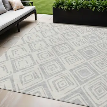 5' X 8' Pewter And Ivory Geometric Washable Indoor Outdoor Area Rug