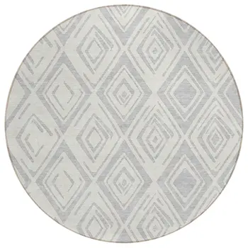 8' Pewter And Ivory Round Geometric Washable Indoor Outdoor Area Rug