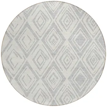 8' Pewter And Ivory Round Geometric Washable Indoor Outdoor Area Rug