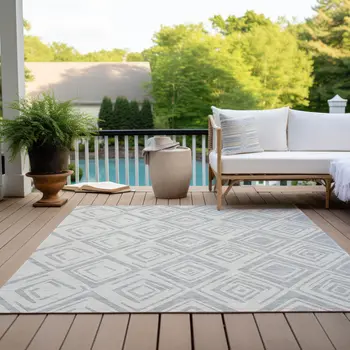 8' X 10' Pewter And Ivory Geometric Washable Indoor Outdoor Area Rug