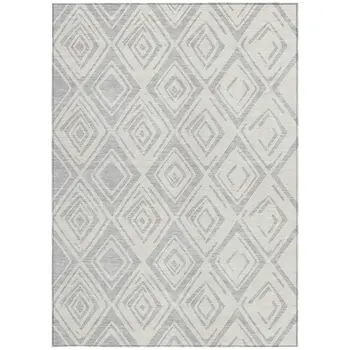 10' X 14' Pewter And Ivory Geometric Washable Indoor Outdoor Area Rug
