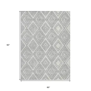 5' X 8' Silver And Ivory Geometric Washable Indoor Outdoor Area Rug