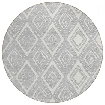 8' Silver And Ivory Round Geometric Washable Indoor Outdoor Area Rug