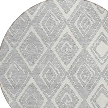 8' Silver And Ivory Round Geometric Washable Indoor Outdoor Area Rug