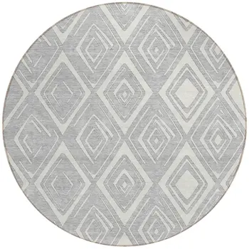 8' Silver And Ivory Round Geometric Washable Indoor Outdoor Area Rug
