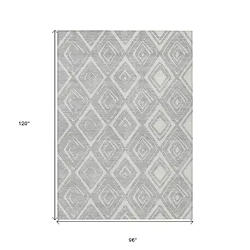 8' X 10' Silver And Ivory Geometric Washable Indoor Outdoor Area Rug