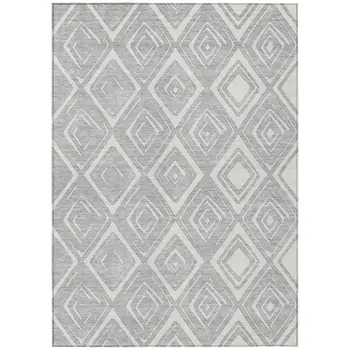 8' X 10' Silver And Ivory Geometric Washable Indoor Outdoor Area Rug
