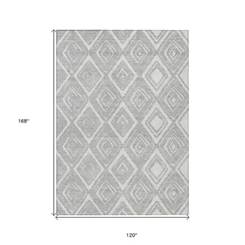 10' X 14' Silver And Ivory Geometric Washable Indoor Outdoor Area Rug